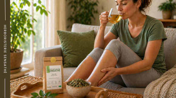 Femme souffrant de rétention d’eau buvant une tisane de frêne pour favoriser le drainage naturel - Herboristerie Sensathé